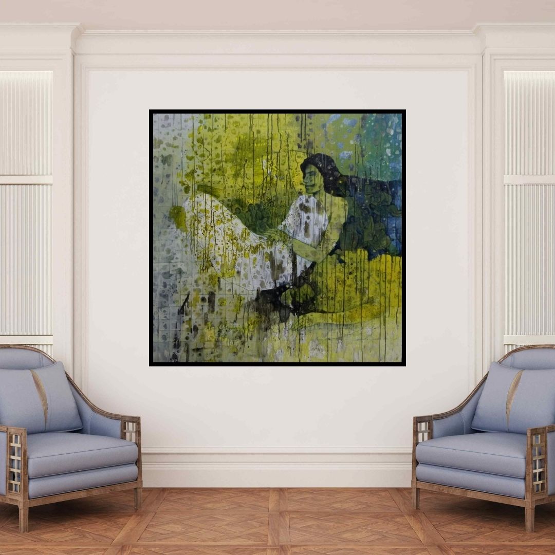 In-situ view of Swati Sable's 'Untitled 14 (Lost in Reverie)' painting in a room