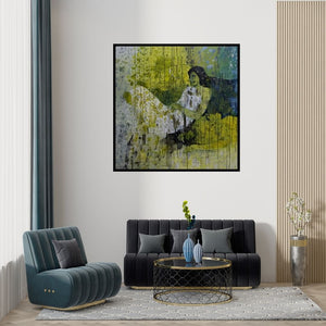 Preview of 'Untitled 14 (Lost in Reverie)' Painting by Swati Sable shown on a wall in a furnished room.