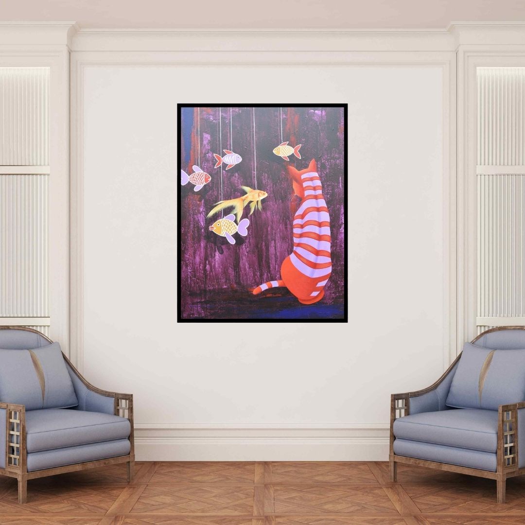 In-situ view of Bikash Mohanta's 'Untitled 14 (A Cat's Curiosity)' painting in a room