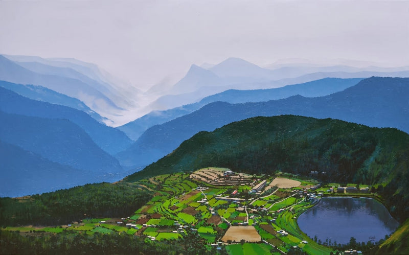 Untitled 14' landscape acrylic painting by artist Mangesh Shinde, 60x96 inch, on canvas