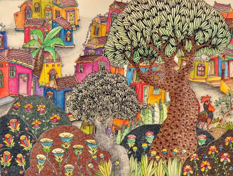 Untitled 14' landscape mixed-media painting by artist Rajasekhar Komakula, 11x16 inch, on acid free paper