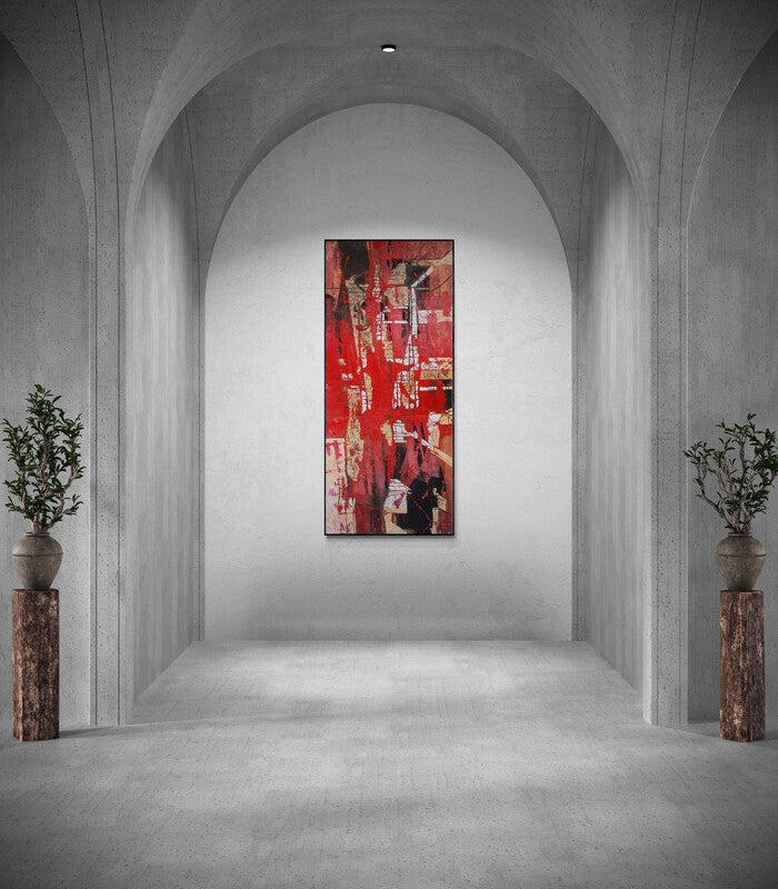 In-situ view of Kashinath Jadhav's 'Untitled (Veiled Crimson)' painting in a room