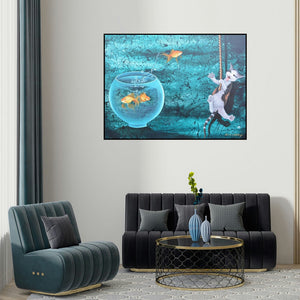 'Untitled 15 (The Unexpected Catch)' painting by Bikash Mohanta shown on a wall in a furnished room.