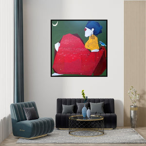 Preview of 'Untitled 15 (Serene Encounter)' Painting by Pratap Kore shown on a wall in a furnished room.