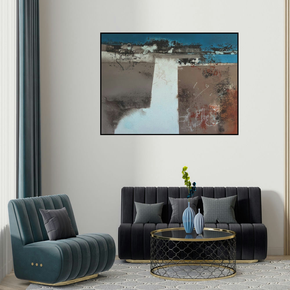 'Untitled 15 (Earthen Metamorphosis)' painting by Shilpa Nikam shown on a wall in a furnished room.