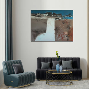 'Untitled 15 (Earthen Metamorphosis)' painting by Shilpa Nikam shown on a wall in a furnished room.