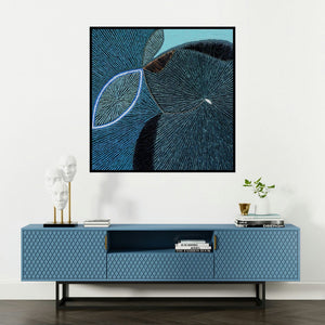 'Untitled 152 (Intersecting Realities)' painting by Sandesh Khule shown on a wall in a furnished room.