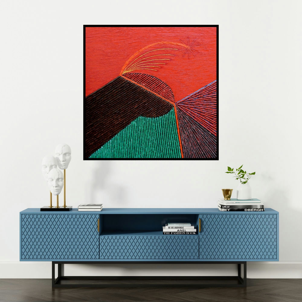 'Untitled 153 (Celestial Convergence)' painting by Sandesh Khule shown on a wall in a furnished room.