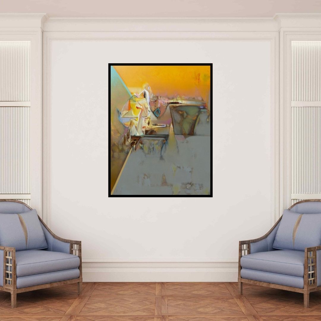 In-situ view of Shrikant Kadam's 'Untitled 155 (Golden Reverie)' painting in a room