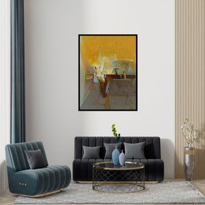 Preview of 'Untitled 157 (Golden Reverie)' Painting by Shrikant Kadam shown on a wall in a furnished room.