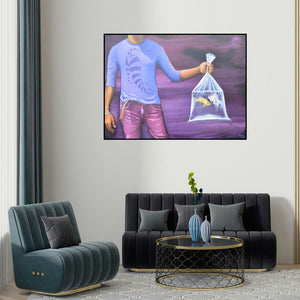 'Untitled 16 (Unintended Consequences)' painting by Bikash Mohanta shown on a wall in a furnished room.