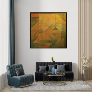 Preview of 'Untitled 16 (Intersecting Realities)' Painting by Mansi Palshikar shown on a wall in a furnished room.