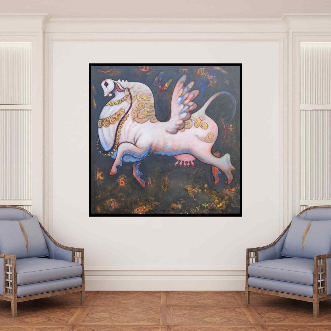 In-situ view of Ramesh Gujar's 'Untitled 16 (The Cosmic Cow)' painting in a room