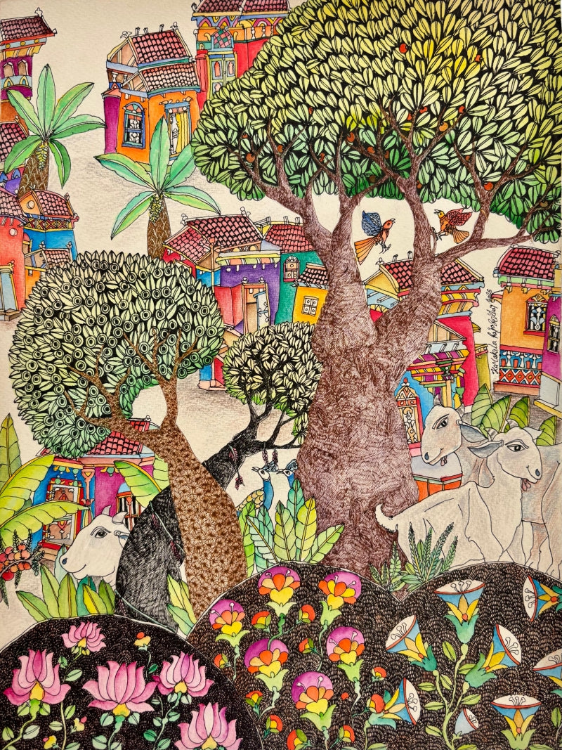 Untitled 16' landscape mixed-media painting by artist Rajasekhar Komakula, 16x11 inch, on acid free paper