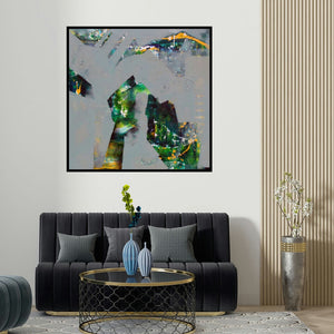 Nikhil Patil's 'Untitled (Emerald Embrace)' painting visualized above a sofa in a contemporary room.