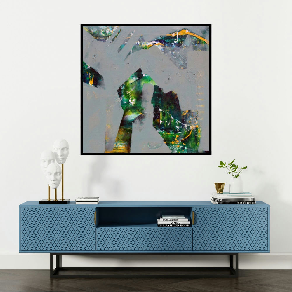 'Untitled (Emerald Embrace)' painting by Nikhil Patil shown on a wall in a furnished room.
