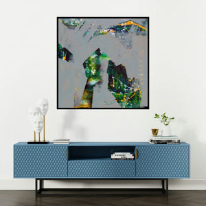 'Untitled (Emerald Embrace)' painting by Nikhil Patil shown on a wall in a furnished room.