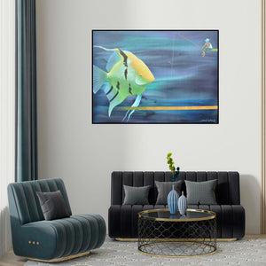 Bikash Mohanta's 'Untitled 17 (A Fishy Encounter)' painting visualized above a sofa in a contemporary room.