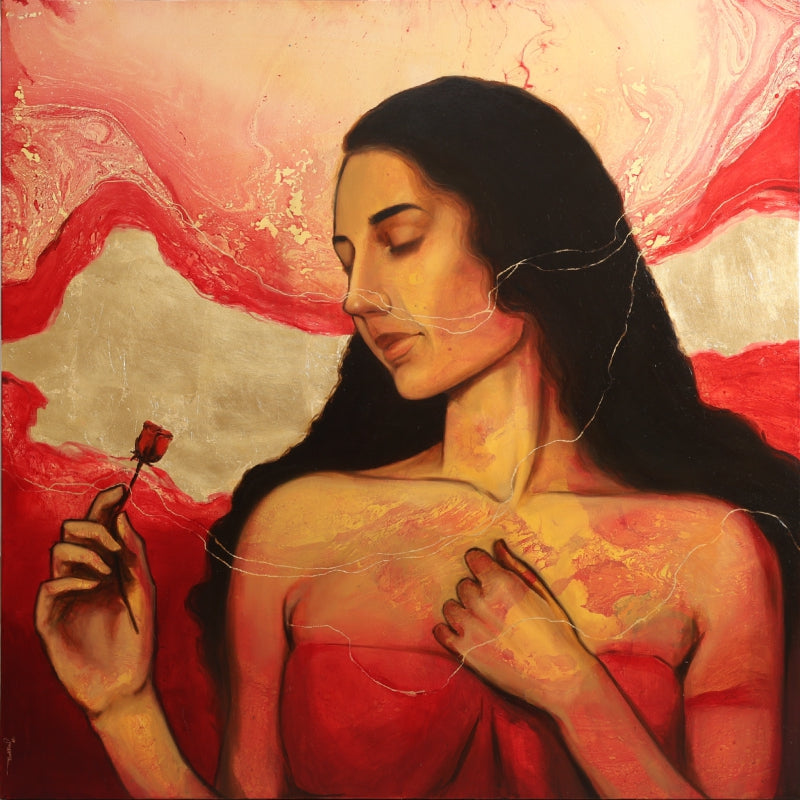 Untitled 17' figurative mixed-media painting by artist Bhakti Lad, 39x39 inch, on linen
