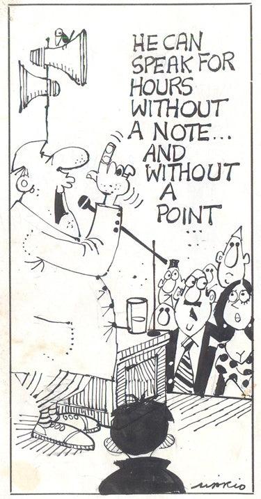 Figurative pen ink drawing titled 'Untitled 175', 6x3 inches, by artist Mario Miranda on Paper