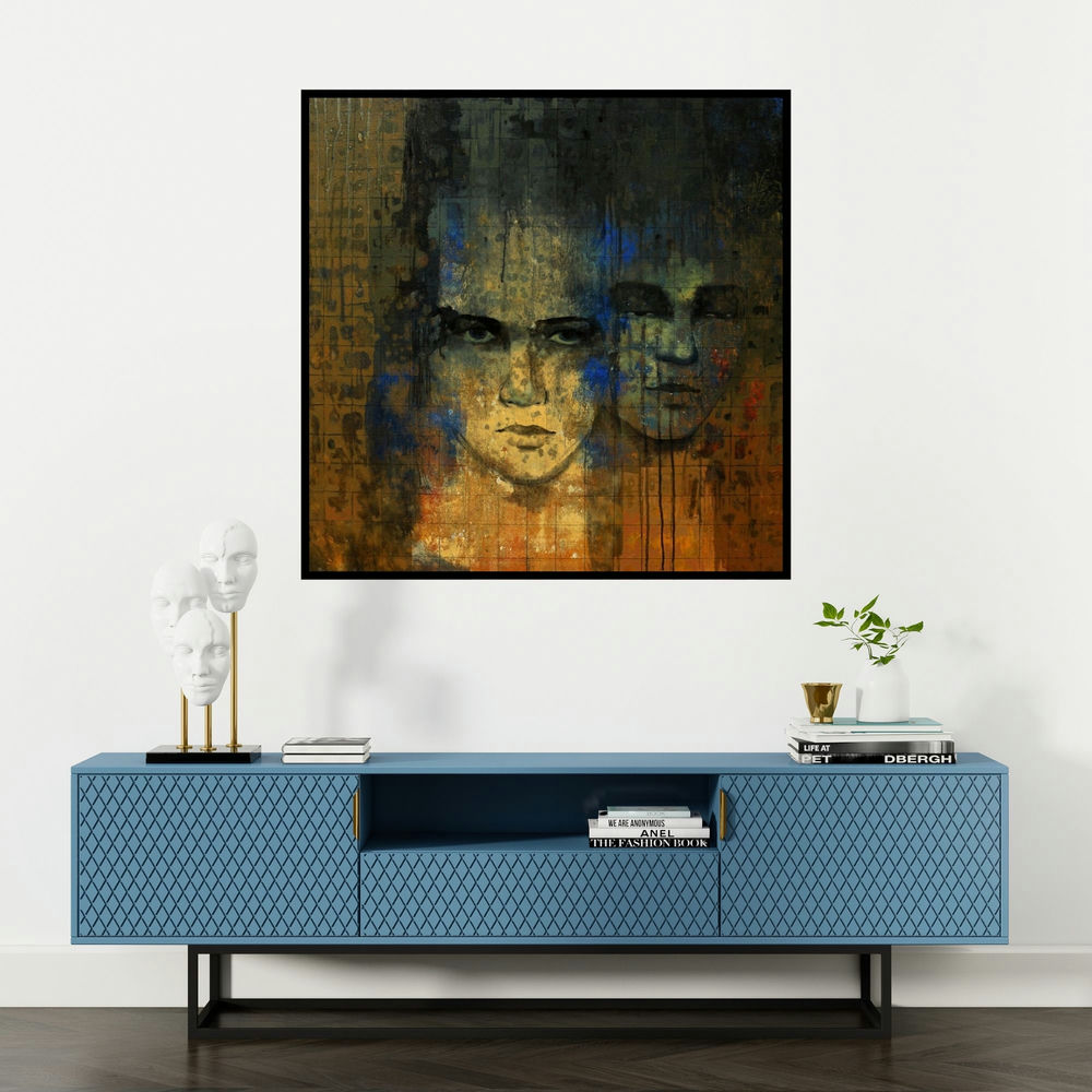 'Untitled 18 (The Inner and Outer Self)' painting by Swati Sable shown on a wall in a furnished room.