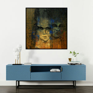 'Untitled 18 (The Inner and Outer Self)' painting by Swati Sable shown on a wall in a furnished room.