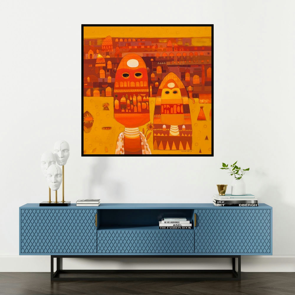 'Untitled 18 (Guardians of the Village)' painting by Vaishali Patil shown on a wall in a furnished room.