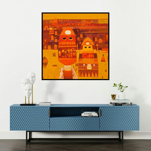 'Untitled 18 (Guardians of the Village)' painting by Vaishali Patil shown on a wall in a furnished room.