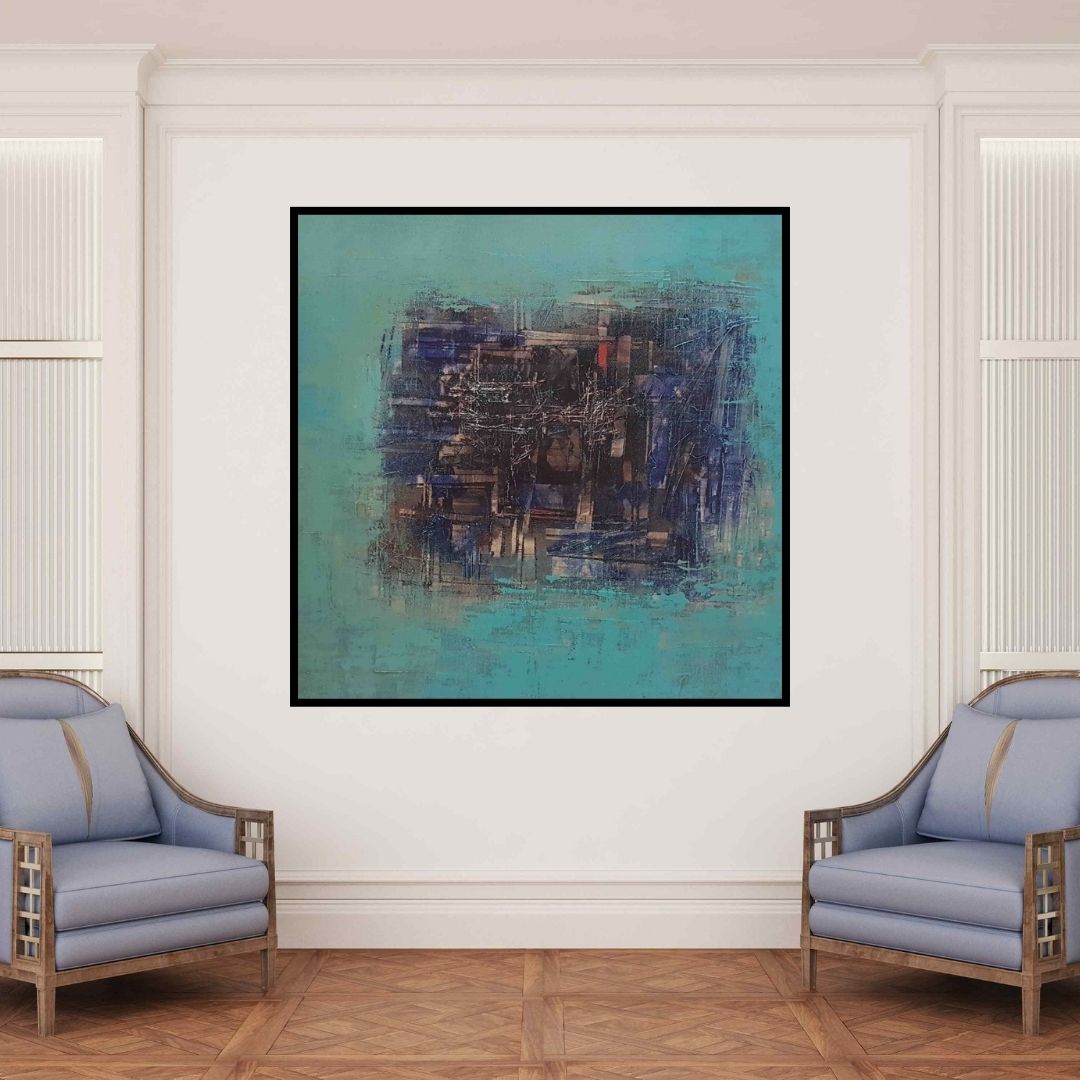 In-situ view of Vipta Kapadia's 'Untitled 18 (Urban Mirage)' painting in a room