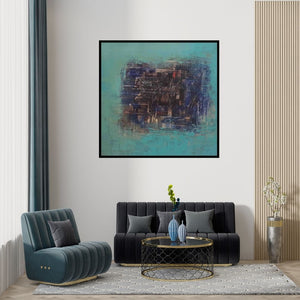 Preview of 'Untitled 18 (Urban Mirage)' Painting by Vipta Kapadia shown on a wall in a furnished room.