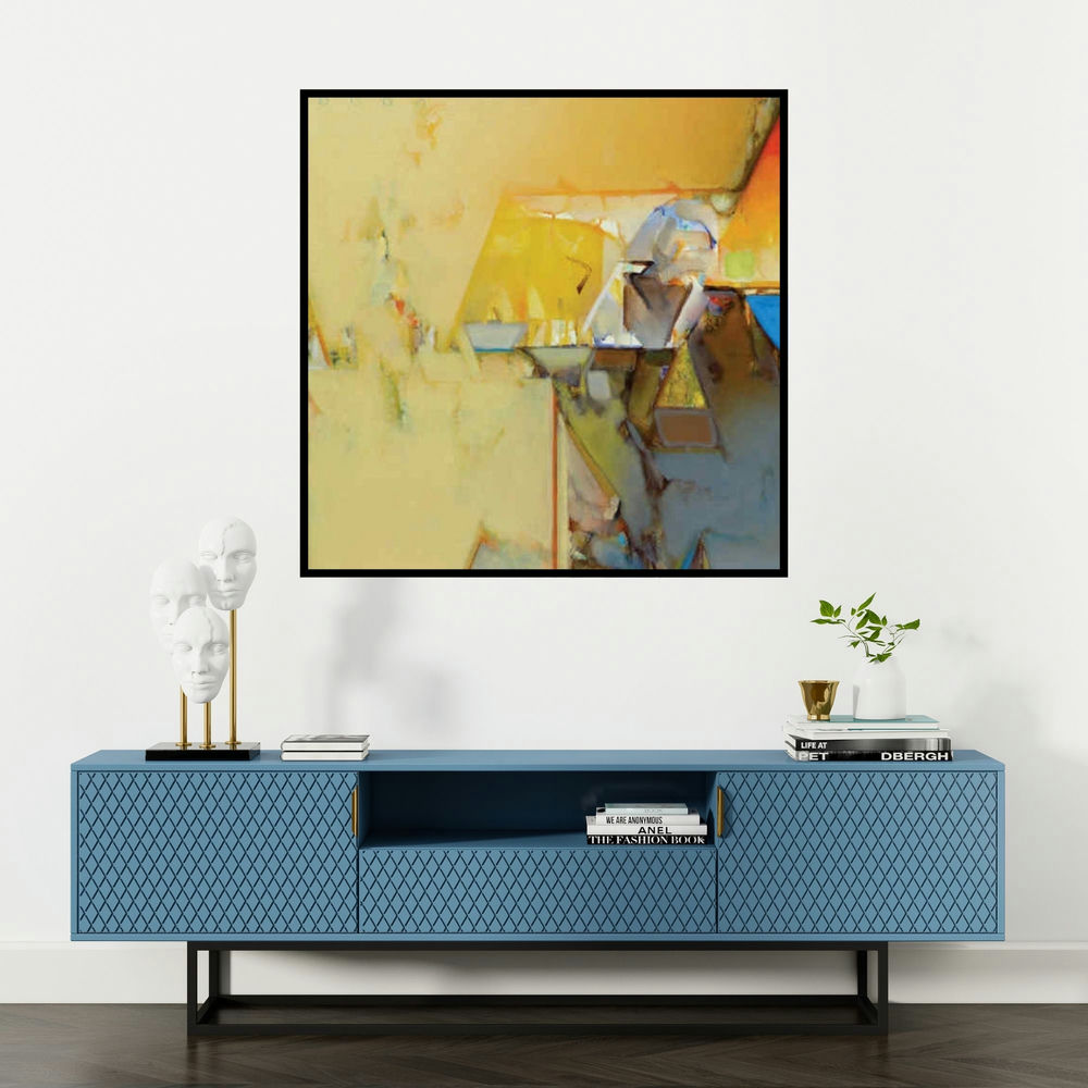 'Untitled 192 (Golden Horizon)' painting by Shrikant Kadam shown on a wall in a furnished room.