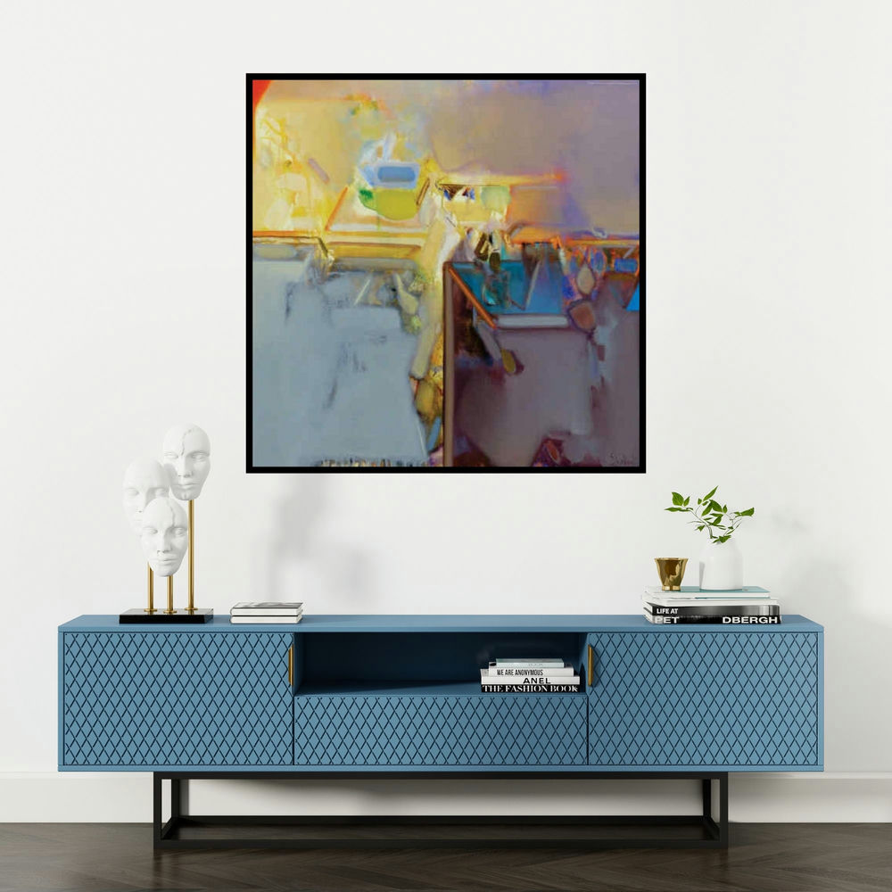 'Untitled 193 (Shifting Horizons)' painting by Shrikant Kadam shown on a wall in a furnished room.