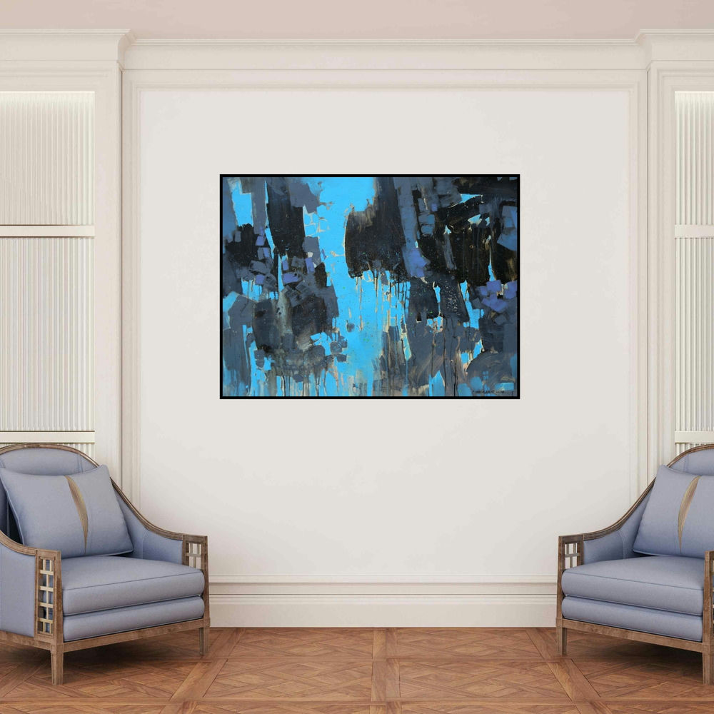 'Untitled 2 (Urban Drip)' painting by Sagar Bondre shown on a wall in a furnished room.