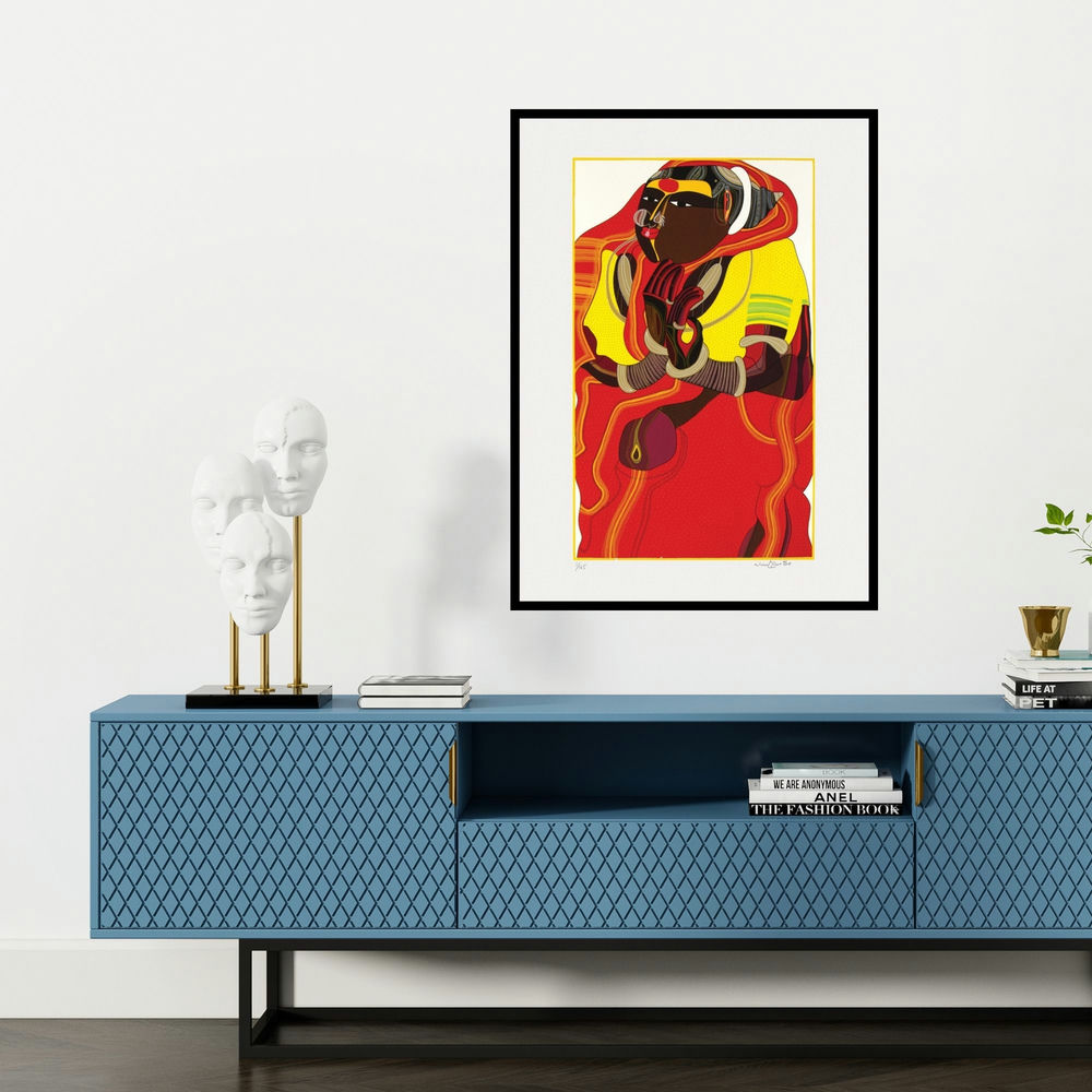 'Untitled 2 (Woman in Prayer)' painting by Thota Vaikuntam shown on a wall in a furnished room.