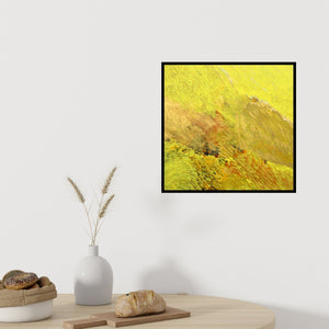 Preview of 'Untitled 2 (Golden Fields: An Abstract Composition)' Painting by Durgesh Birthare shown on a wall in a furnished room.