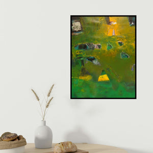 Ranadip Mukherjee's 'Untitled 2 (Verdant Echoes)' painting visualized above a sofa in a contemporary room.