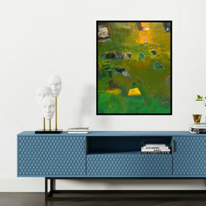 'Untitled 2 (Verdant Echoes)' painting by Ranadip Mukherjee shown on a wall in a furnished room.