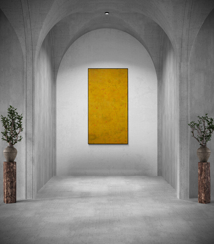 In-situ view of Yashvant Singh's 'Untitled 2 (Golden Abstract)' painting in a room