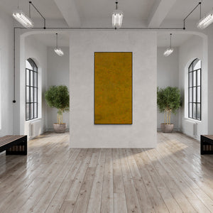 Yashvant Singh's painting 'Untitled 2 (Golden Abstract)' displayed in a modern living room setting