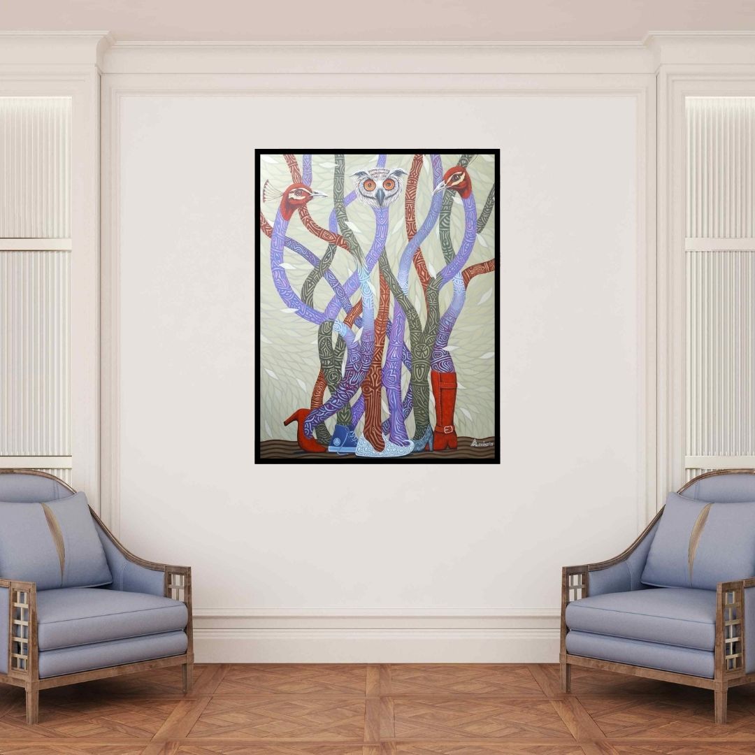 In-situ view of Arvind Dubey's 'Untitled 2 (Birds of a Feather)' painting in a room