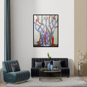 Preview of 'Untitled 2 (Birds of a Feather)' Painting by Arvind Dubey shown on a wall in a furnished room.