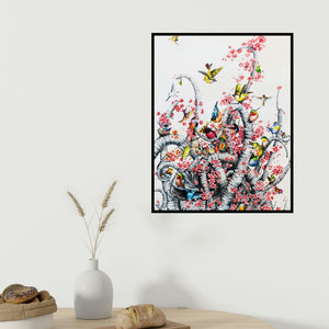 Bikash Pradhan's 'Untitled 2 (Birds in Bloom)' painting visualized above a sofa in a contemporary room.