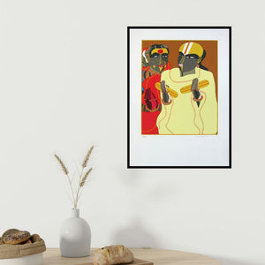 Thota Vaikuntam's 'Untitled 2 (Devotees with Offerings)' painting visualized above a sofa in a contemporary room.