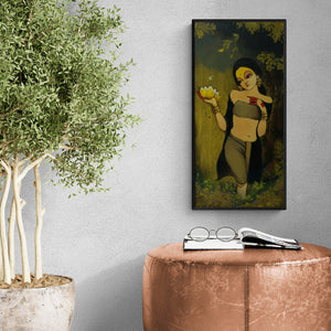Preview of 'Untitled 2 (The Lotus Bearer)' Painting by Renuka Fulsoundar shown on a wall in a furnished room.