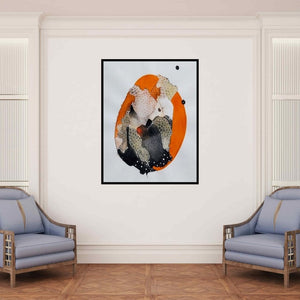 In-situ view of Huma Khan's 'Untitled 2 (Orange Seed)' painting in a room