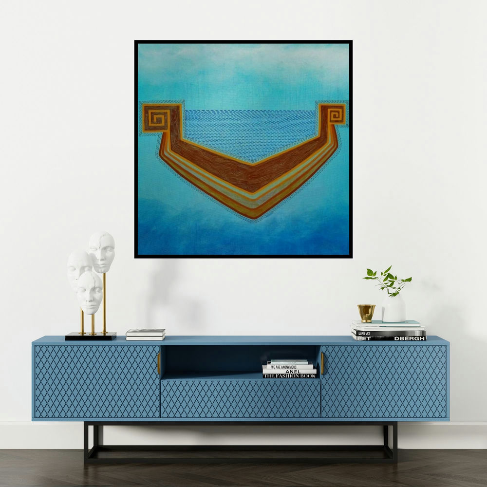 'Untitled 2 (Crossing the Waters)' painting by Snehal Ekbote shown on a wall in a furnished room.