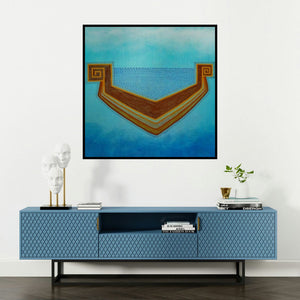'Untitled 2 (Crossing the Waters)' painting by Snehal Ekbote shown on a wall in a furnished room.