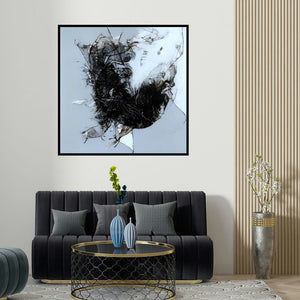 Sonam Sikarwar's 'Untitled 2 (Abstract in Black and White)' painting visualized above a sofa in a contemporary room.