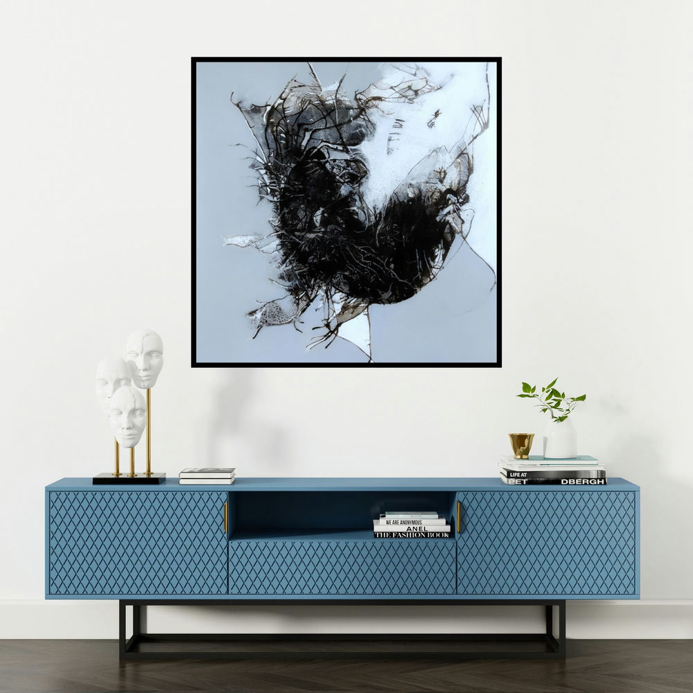 'Untitled 2 (Abstract in Black and White)' painting by Sonam Sikarwar shown on a wall in a furnished room.