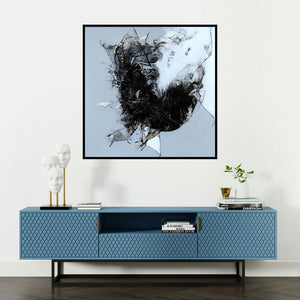 'Untitled 2 (Abstract in Black and White)' painting by Sonam Sikarwar shown on a wall in a furnished room.